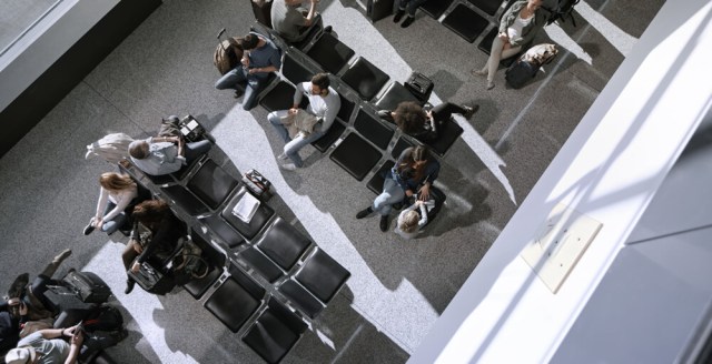 overhead view of airport terminal waiting area